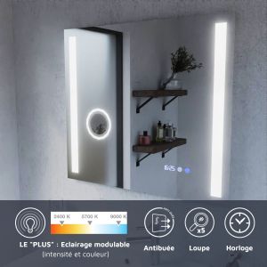 Miroir LED avec antibuée, loupe et horloge DUETTO - 80 x 70 cm