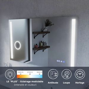 Miroir LED avec antibuée, loupe et horloge DUETTO - 120 x 70 cm