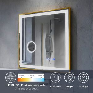 Miroir LED cadre doré CARA 70 cm x 70 cm - antibuée, horloge et loupe