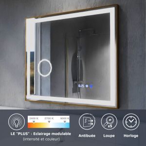 Miroir LED cadre doré CARA 80 cm x 70 cm - antibuée, horloge et loupe