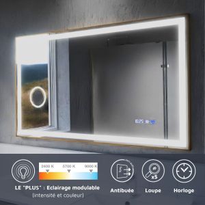 Miroir LED cadre doré CARA 120 cm x 70 cm - antibuée, horloge et loupe