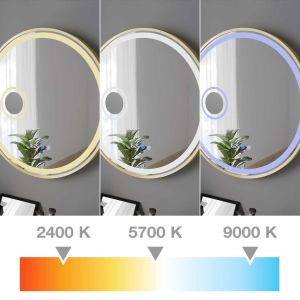Miroir lumineux rond contour doré ORANA 60 cm - antibuée, horloge et loupe