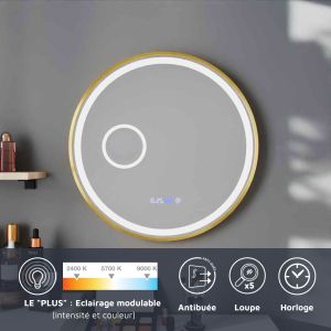 Miroir lumineux rond contour doré ORANA 80 cm - antibuée, horloge et loupe