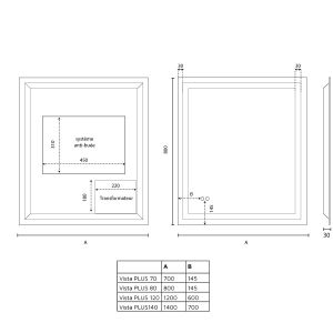 Dimensions miroir LED modulable et antibuée VISTA PLUS - 120x80 cm