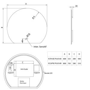 Dimensions miroir demi-cercle LED modulable et antibuée ECLI PLUS - 80 cm