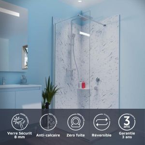 Paroi de douche 90x200 cm fixe CALYPSO - Verre 8 mm anticalcaire