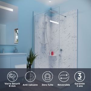 Paroi de douche 100x200 cm fixe CALYPSO - Verre 8 mm anticalcaire