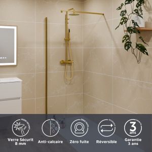 Paroi de douche fixe dorée 90 cm x 200 cm GOLDY - Verre 8 mm - Profilé alu et barre horizontale couleur or