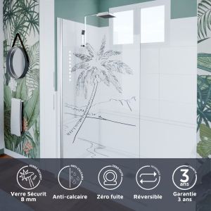 Paroi de douche verre transparent avec dessin mer et palmier PALMA 110 cm