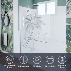 Paroi de douche verre transparent avec dessin mer et palmier PALMA 120 cm