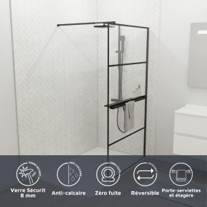 Paroi de douche noir mat avec porte-serviette et tablette DARKY 100 cm
