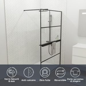Paroi de douche noir mat avec porte-serviette et tablette DARKY 120 cm