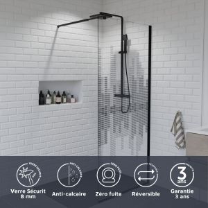 Paroi de douche fixe 90 cm x 200 cm motif MANHATTAN - Verre 8 mm 
