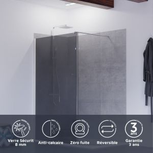 Paroi de douche miroir effet fumé 120+40 cm PSYCHE avec volet pivotant- Verre 8mm