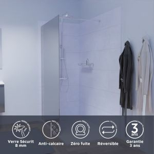 Paroi de douche miroir 120 cm x 200 cm MAORA verre securit 8 mm anticalcaire