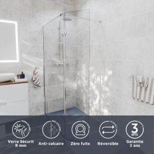 Paroi de douche italienne 100+40 x 185cm NEPTA verre 8 mm avec volet pivotant