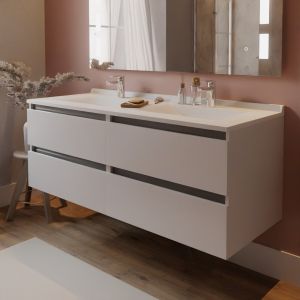 Meuble double vasque ARLEQUIN 140 cm x 55 cm - Traverses blanches - plan vasque gris