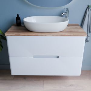 Meuble salle de bain avec vasque à poser KLASS 100 cm - Blanc et Bois