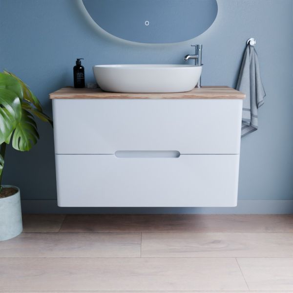 Meuble salle de bain avec vasque à poser KLASS 100 cm - Blanc et Bois
