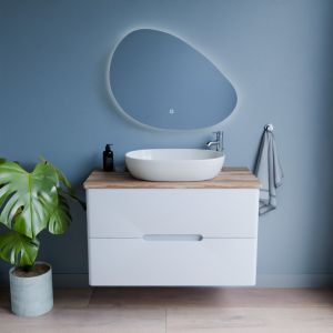 Meuble salle de bain KLASS 100 cm avec vasque à poser OVALIA et Miroir LED - Blanc et Bois