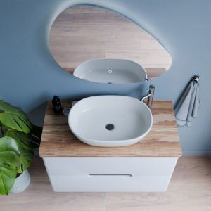 Meuble salle de bain KLASS 100 cm avec vasque à poser OVALIA et Miroir LED - Blanc et Bois