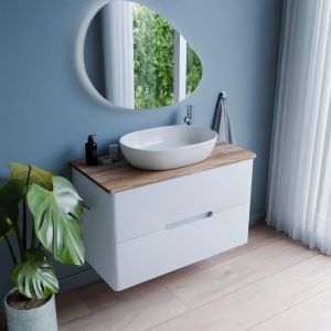 Meuble salle de bain KLASS 100 cm avec vasque à poser OVALIA et Miroir LED - Blanc et Bois