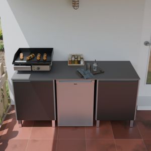 Cuisine d'été inox gris KX07 180 cm avec emplacement frigo et rangements 