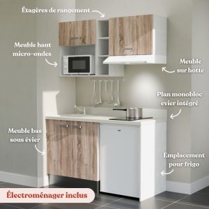 Kitchenette K13L - 140 cm - plan monobloc évier intégré, électroménager inclus