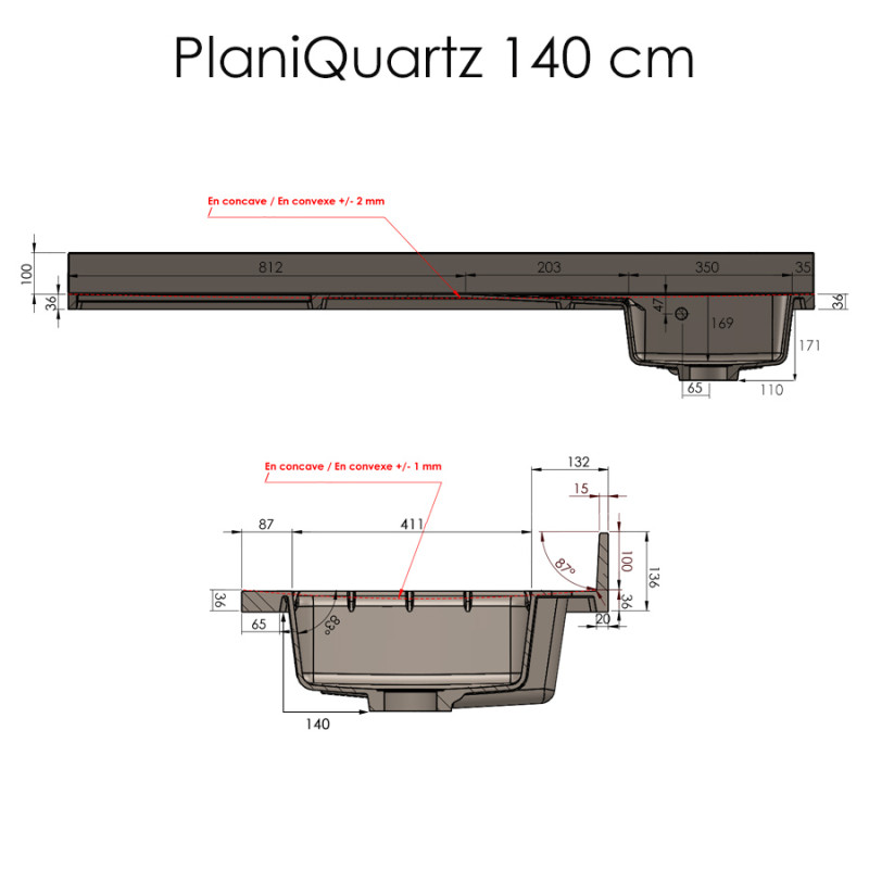 Plan de travail monobloc PlaniQuartz avec évier à droite - 140cm SNOVA