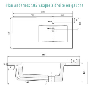 Plan vasque RÉSIPLAN - 105 cm avec vasque déportée à droite