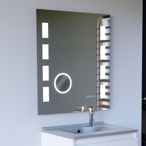 Miroir anti-buée EXCELLENCE 70x80 cm - éclairage intégré à LED, interrupteur sensitif, loupe et heure