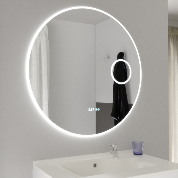 Miroir rond salle de bain - 80 cm - RONDINARA - LED, antibuée, loupe et  heure