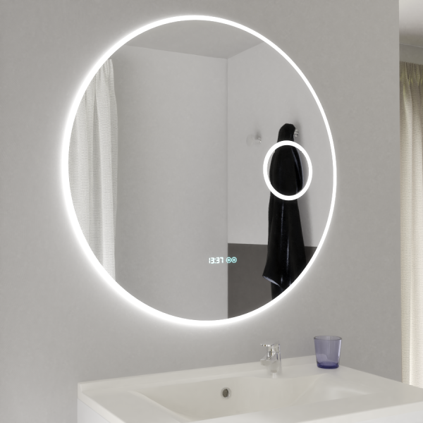 Miroir RONDINARA Ø 80cm - éclairage LED interchangeable, système anti-buée, horloge et loupe