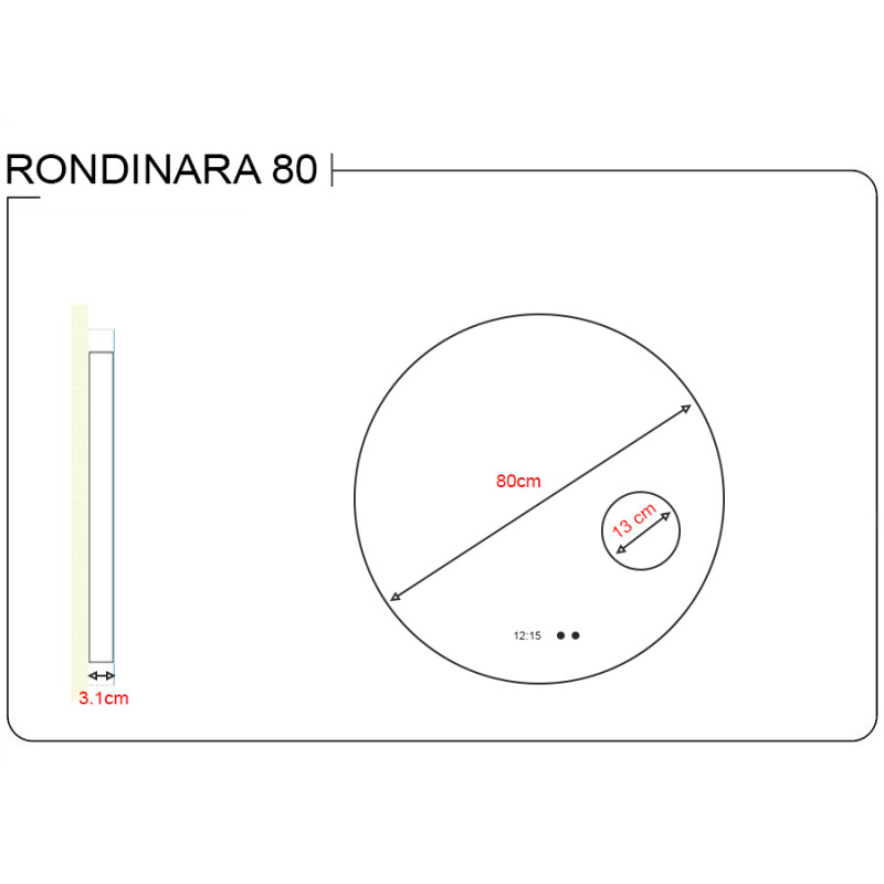 Miroir RONDINARA Ø 80cm - éclairage LED interchangeable, système anti-buée, horloge et loupe