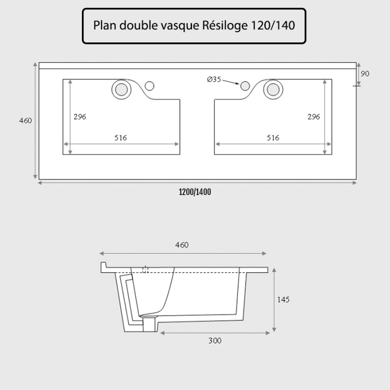 Plan double vasque design gris RÉSILOGE - 140 cm