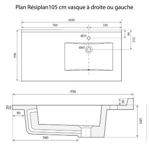 Plan vasque RÉSIPLAN - 105 cm avec vasque déportée à gauche