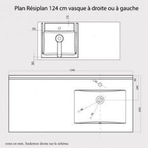 Plan vasque RÉSIPLAN - 124 cm avec vasque déportée à droite