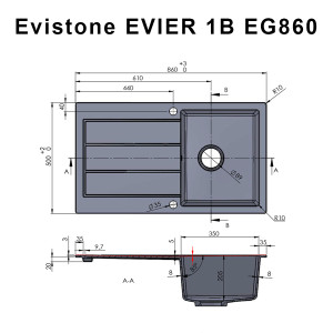 Évier EVISTONE avec 1 bac + égouttoir 86cm - Nero