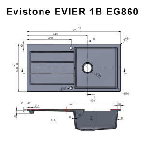 Évier EVISTONE avec 1 bac + égouttoir 99cm - Nero
