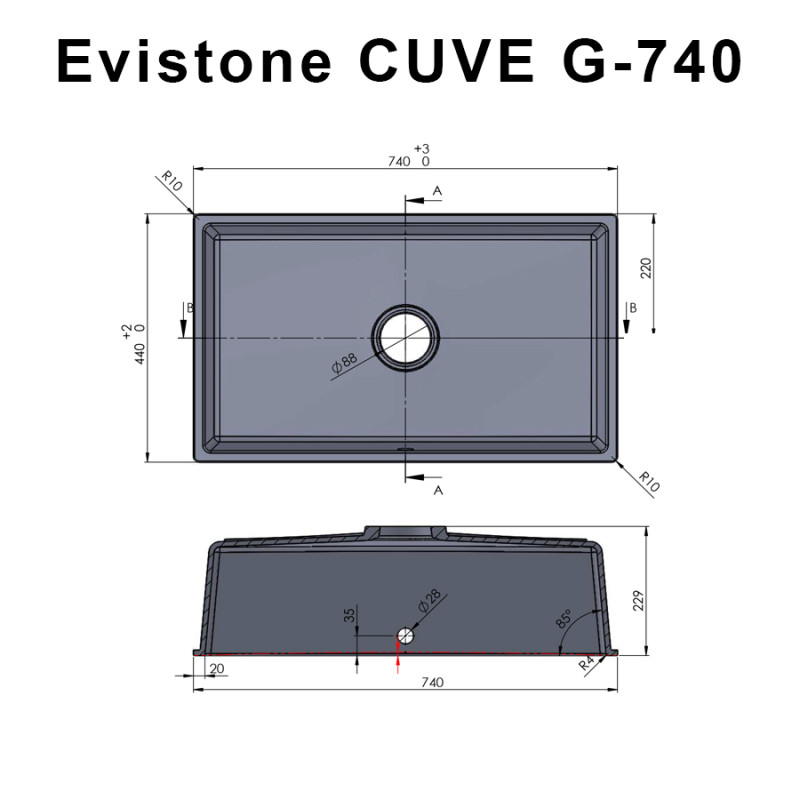 Cuve EVISTONE à encastrer ou à fixer par dessous 74x44 cm - Cromo