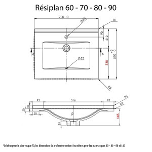 Plan simple vasque en résine de synthèse RÉSIPLAN - 60 cm