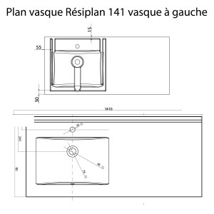 Plan vasque RÉSIPLAN - 141 cm avec vasque déportée à gauche