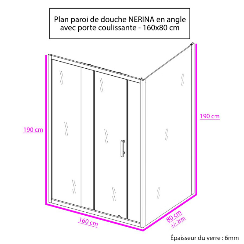 Porte de douche d'angle avec paroi coulissante NERINA - 160x80 cm