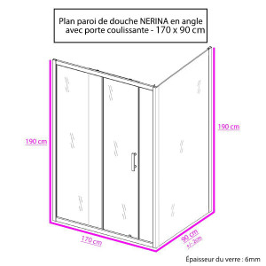 Porte de douche d'angle avec paroi coulissante NERINA - 170x90 cm