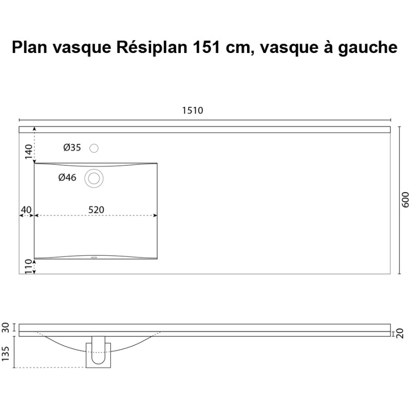 Plan vasque RÉSIPLAN - 151 cm avec vasque déportée à gauche