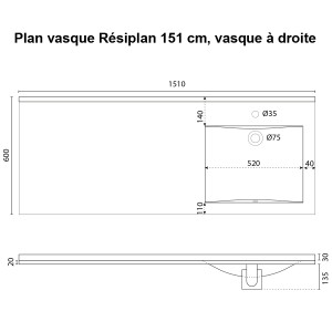 Plan vasque RÉSIPLAN - 151 cm avec vasque déportée à droite