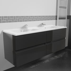 Meuble double vasque 140 cm ROSALY couleur gris anthracite brillant avec plan vasque en résine 140 cm x 46 cm