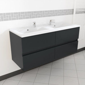 Meuble double vasque 120 cm ROSALY couleur gris anthracite brillant avec plan vasque en résine 120 cm x 46 cm