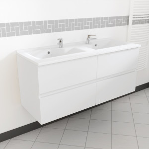 Meuble double vasque 120 cm ROSALY couleur blanc brillant avec plan vasque en résine 120 cm x 46 cm