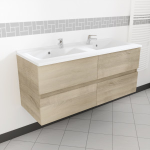 Meuble double vasque 120 cm ROSALY couleur bois avec plan vasque en résine 120 cm x 46 cm 